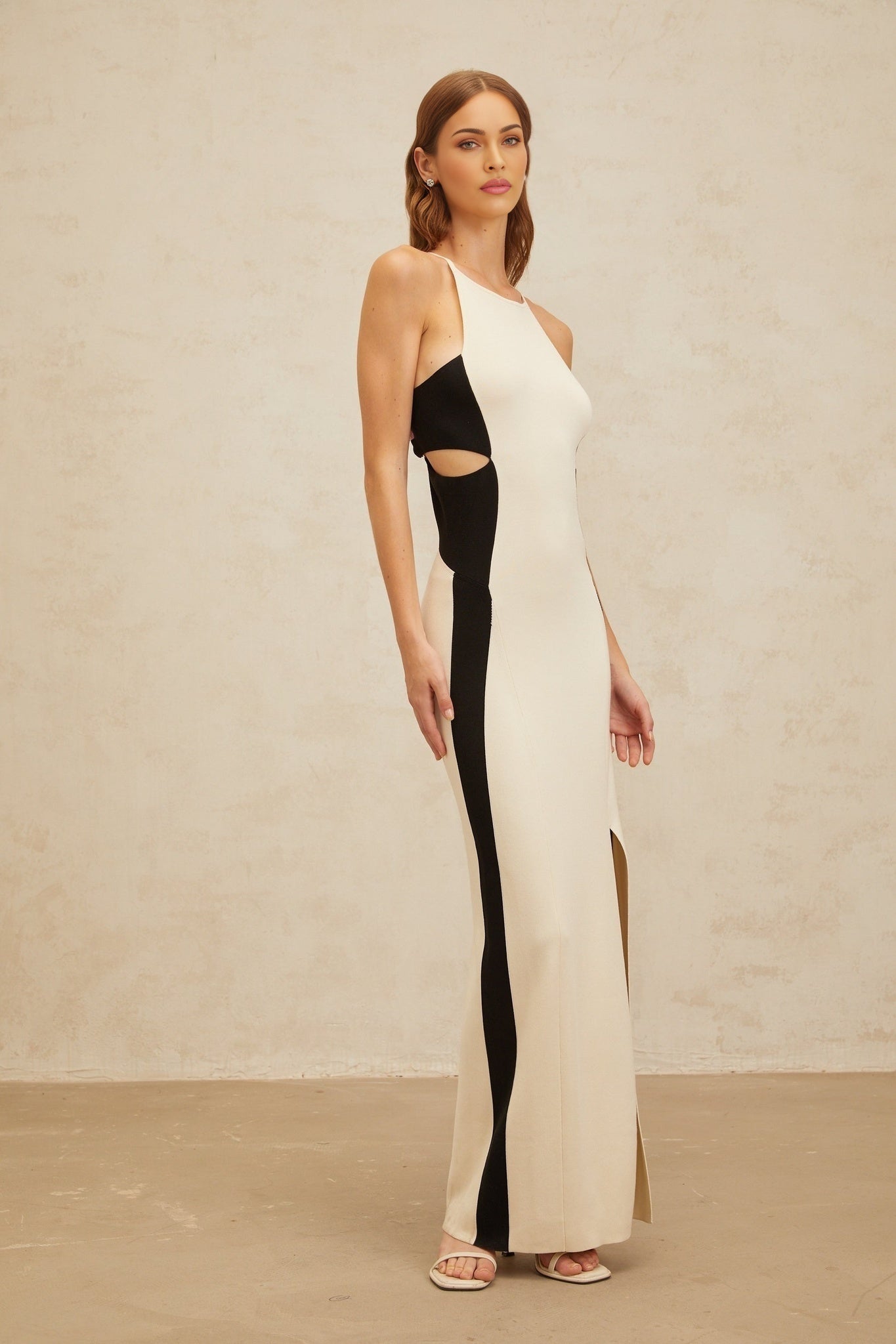 White and Black Color Blocked Knitted Maxi Dress with Cut-Out Detailing
