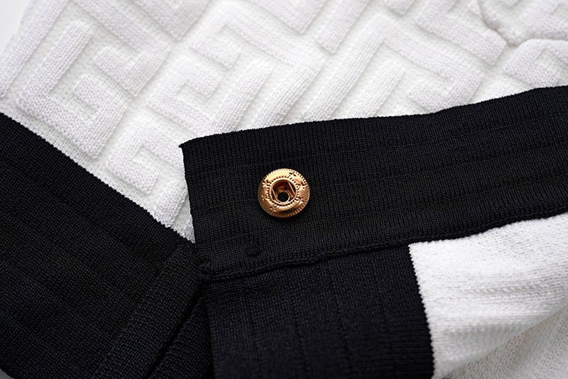 White and Black Military-Inspired Cropped Jacket with Gold-Tone Buttons