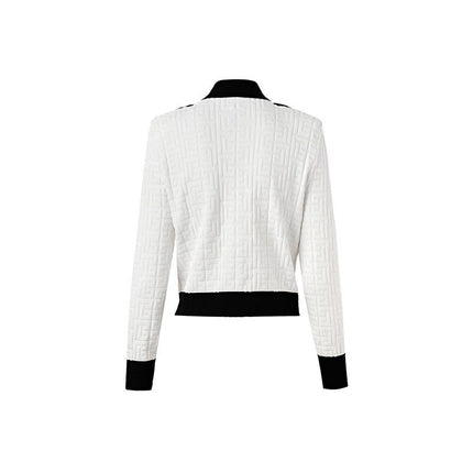 White and black military-inspired cropped jacket with gold-tone buttons