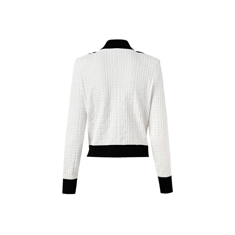 White and black military-inspired cropped jacket with gold-tone buttons
