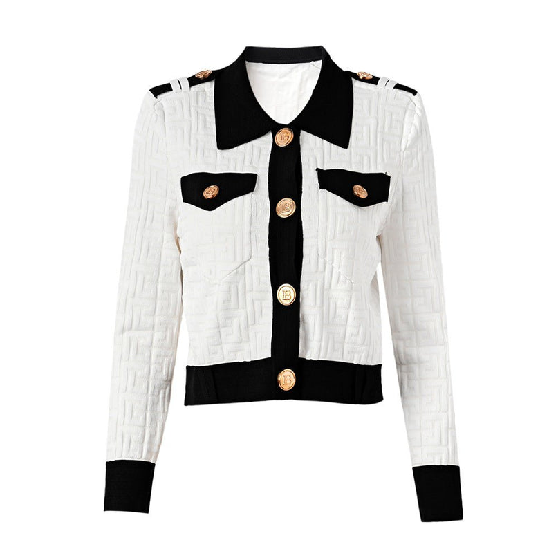 White and black cropped military-inspired jacket with gold-tone buttons and piped collar