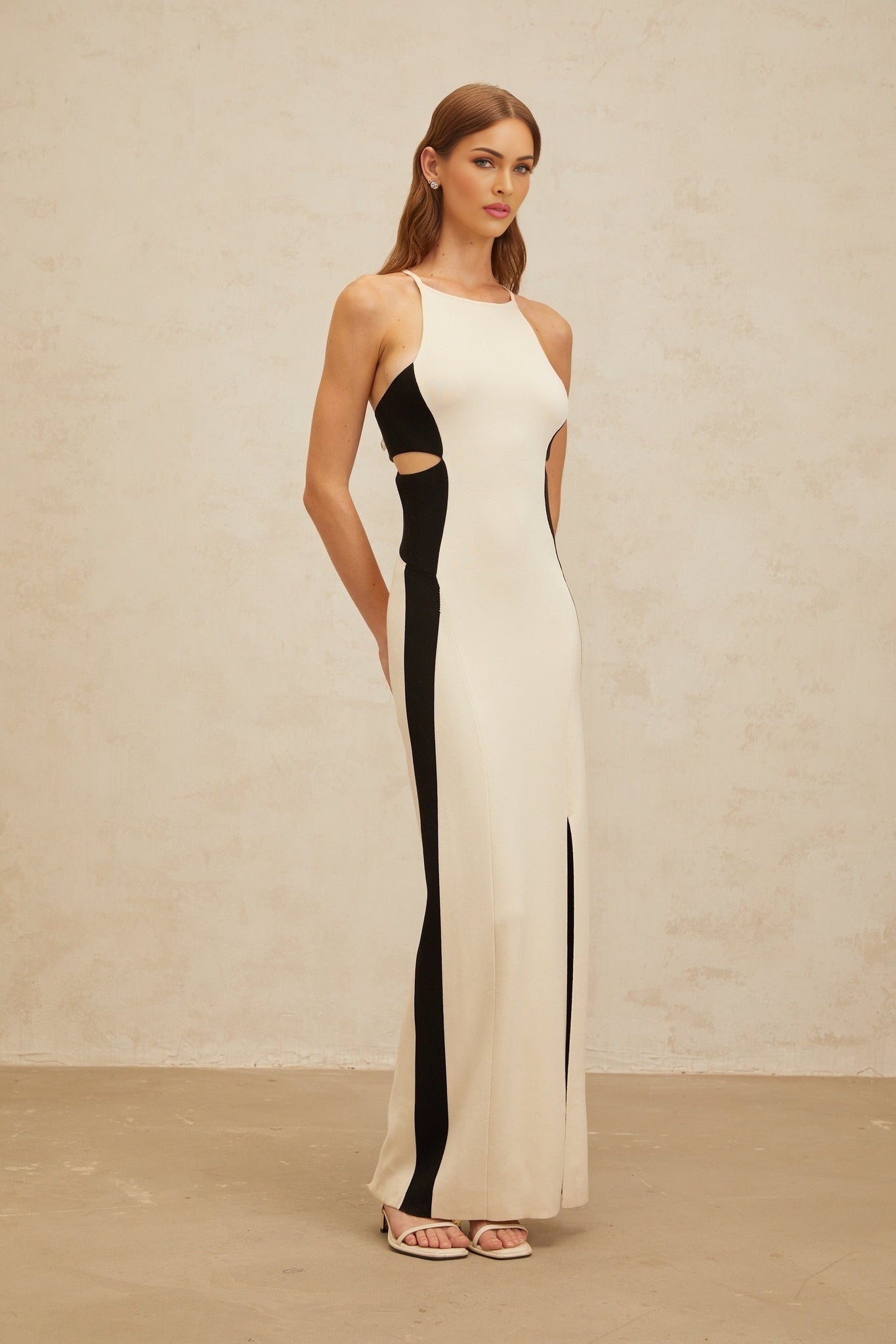 White and Black Scoop Neck Sleeveless Maxi Dress with Cut-Out Detailing