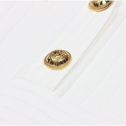 White Blazer Inspired Bandage Mini Dress with Gold Buttons and Deep V-Neckline