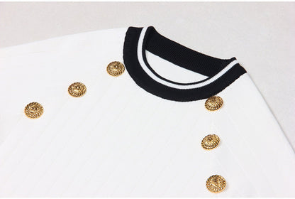 White Bodycon Dress with Nautical-Inspired Stripes and Gold-Tone Buttons