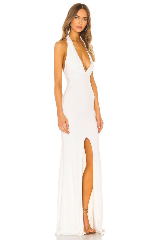 White Brynn Bridal Dress with Halterneck Design and Side Slit Detail