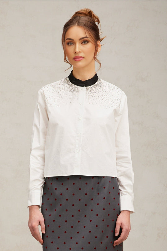 White buttonup shirt adorned with crystal embellishments named Angelique