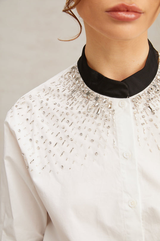 White buttonup shirt adorned with crystal embellishments named Angelique