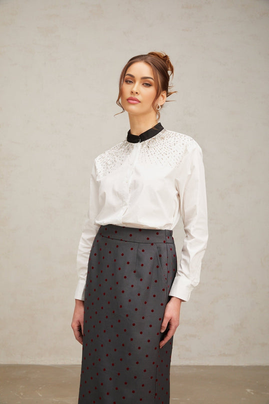 White buttonup shirt adorned with crystal embellishments