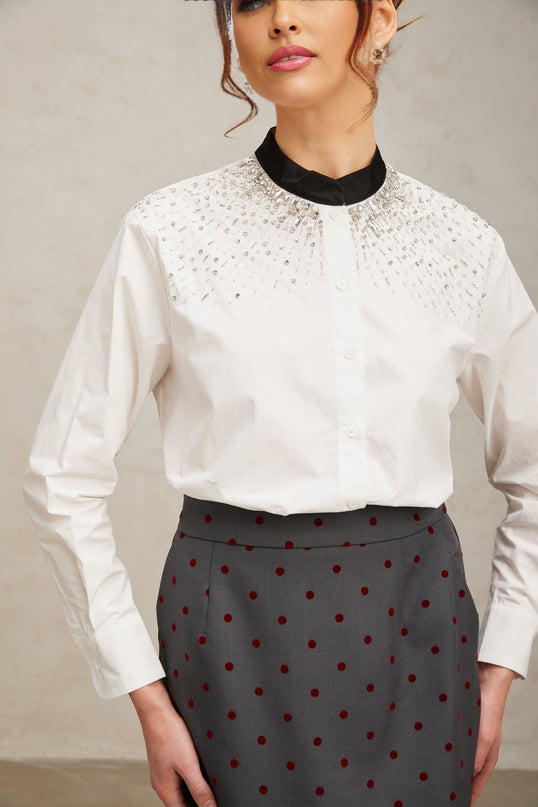 White buttonup shirt adorned with crystal embellishments
