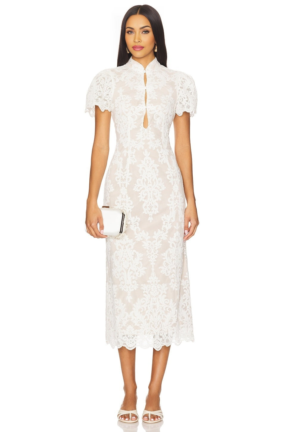 White Chiara Bridal Dress with Lace Fabric and Frog Closure