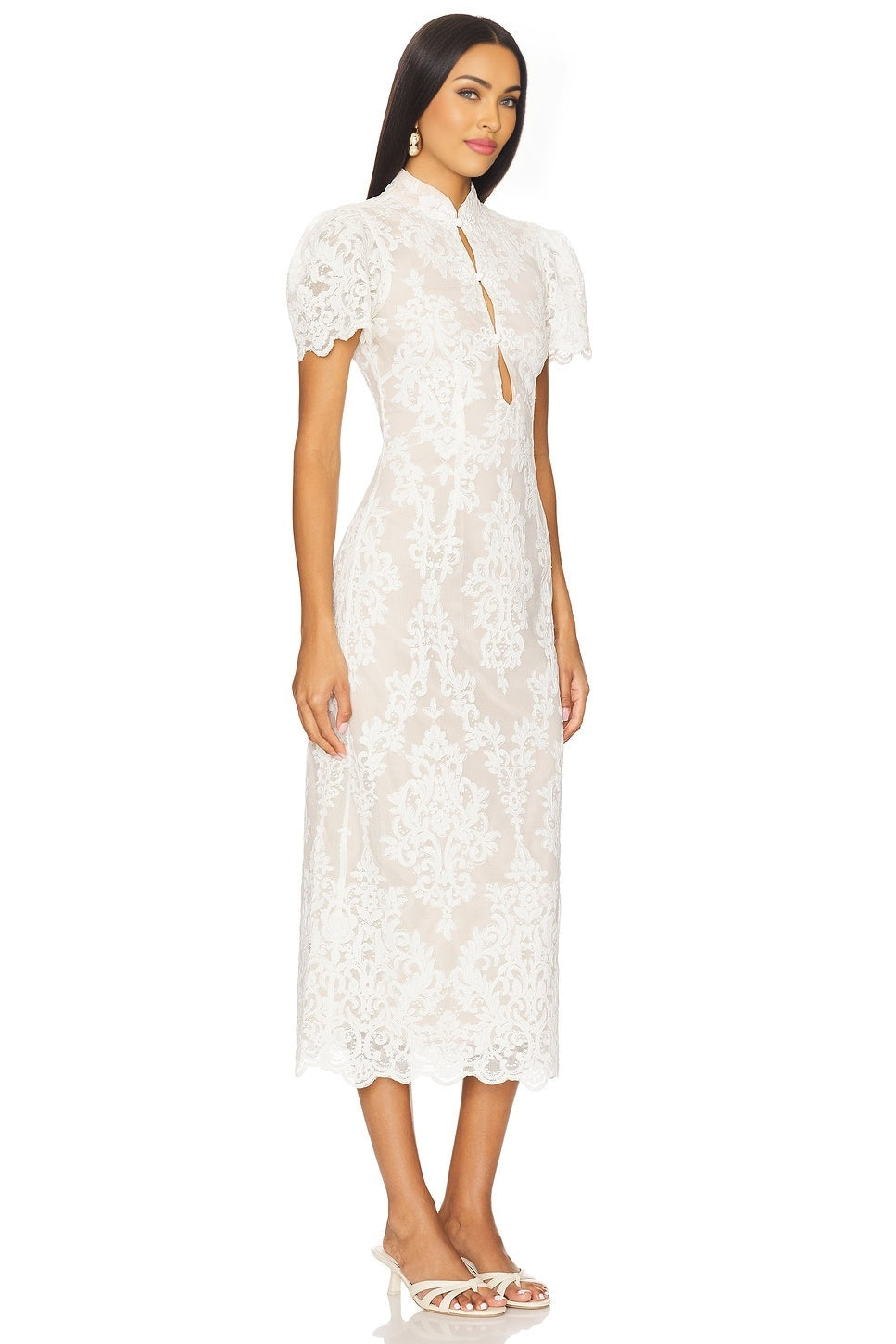 White Chiara Bridal Dress with Lace Fabric and Frog Closure