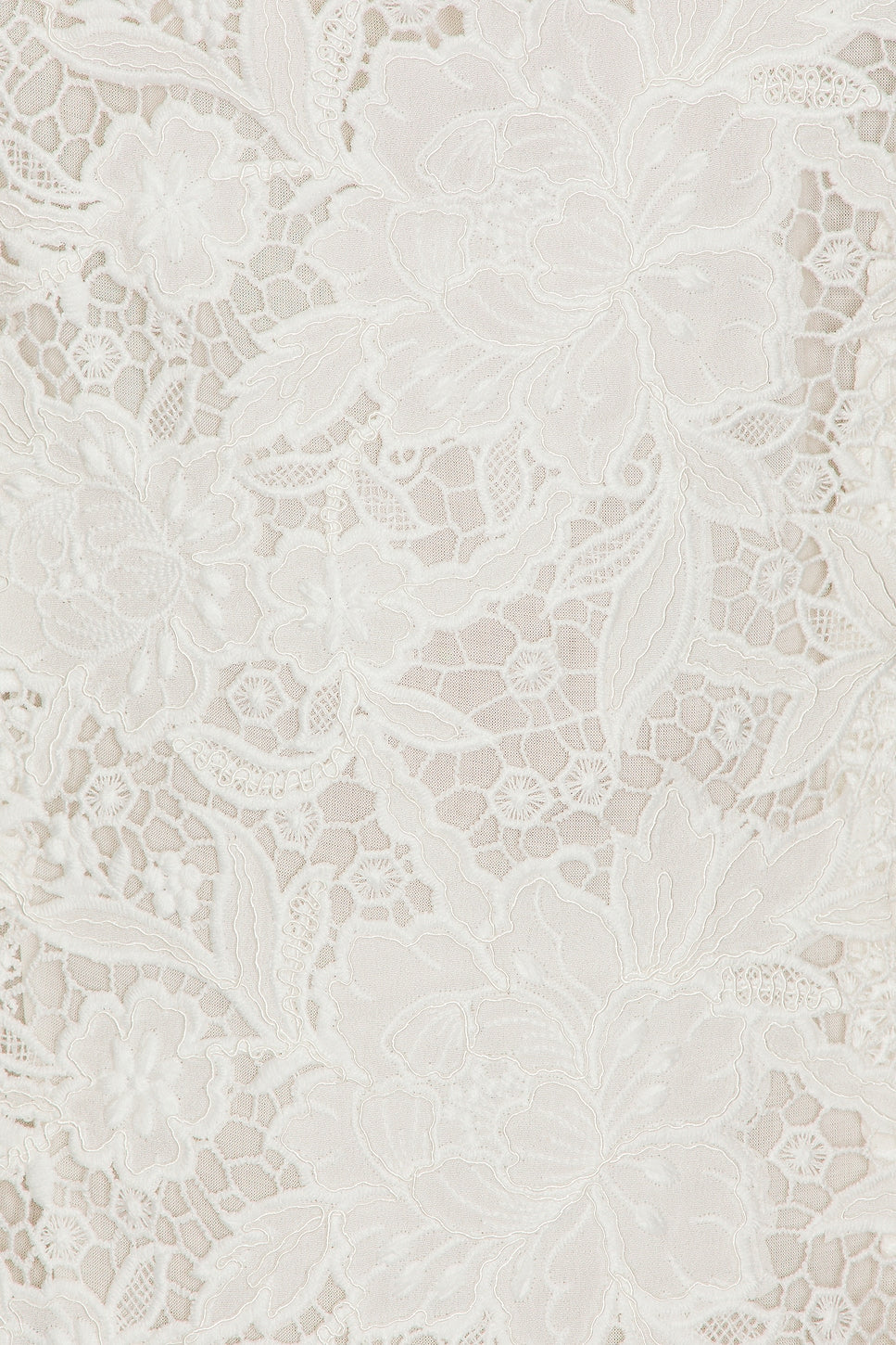 White Cinzietta Bridal Dress crafted from luxurious lightweight lace fabric with hidden back zipper and notched hem for modern sophistication