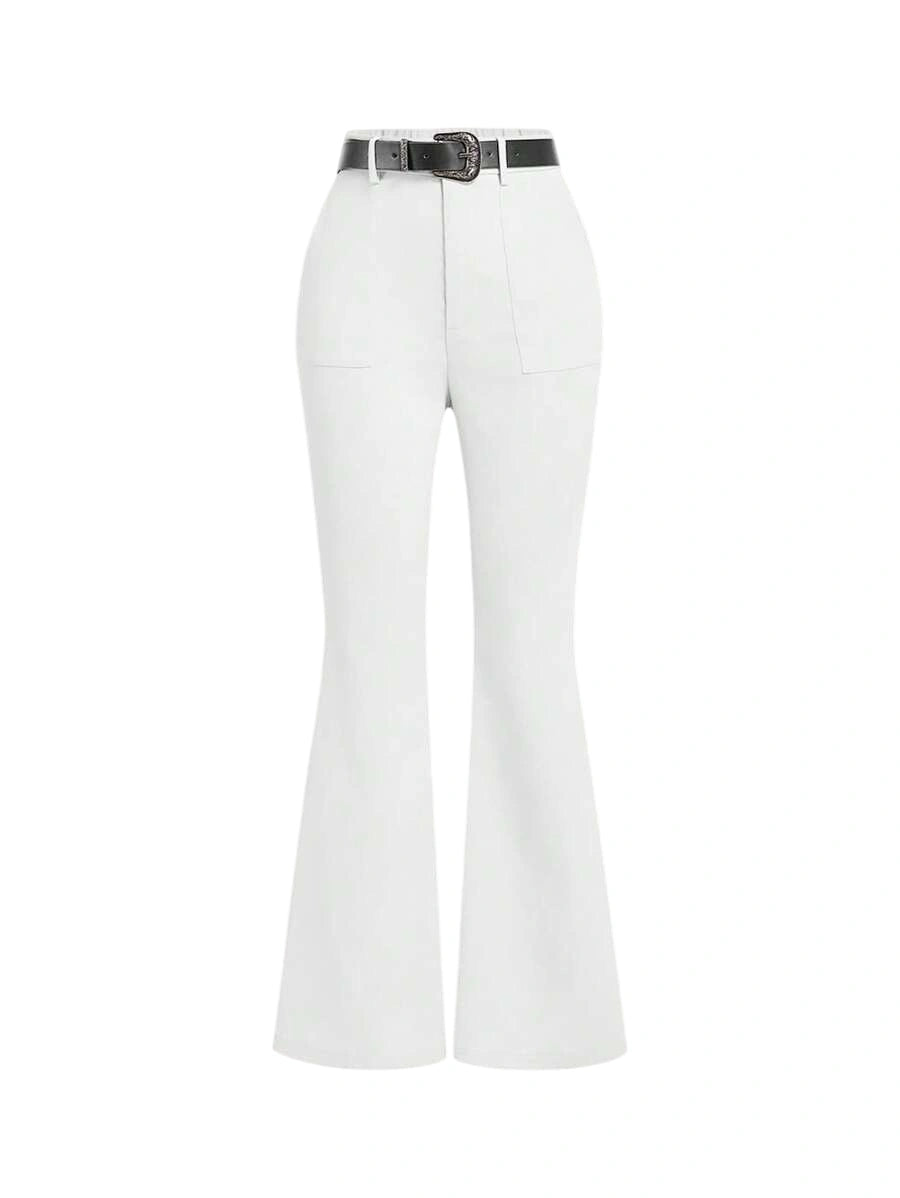 White Color Vintage Style Womens Flared Western Trousers With Leather Belt Boho Flare Leggings