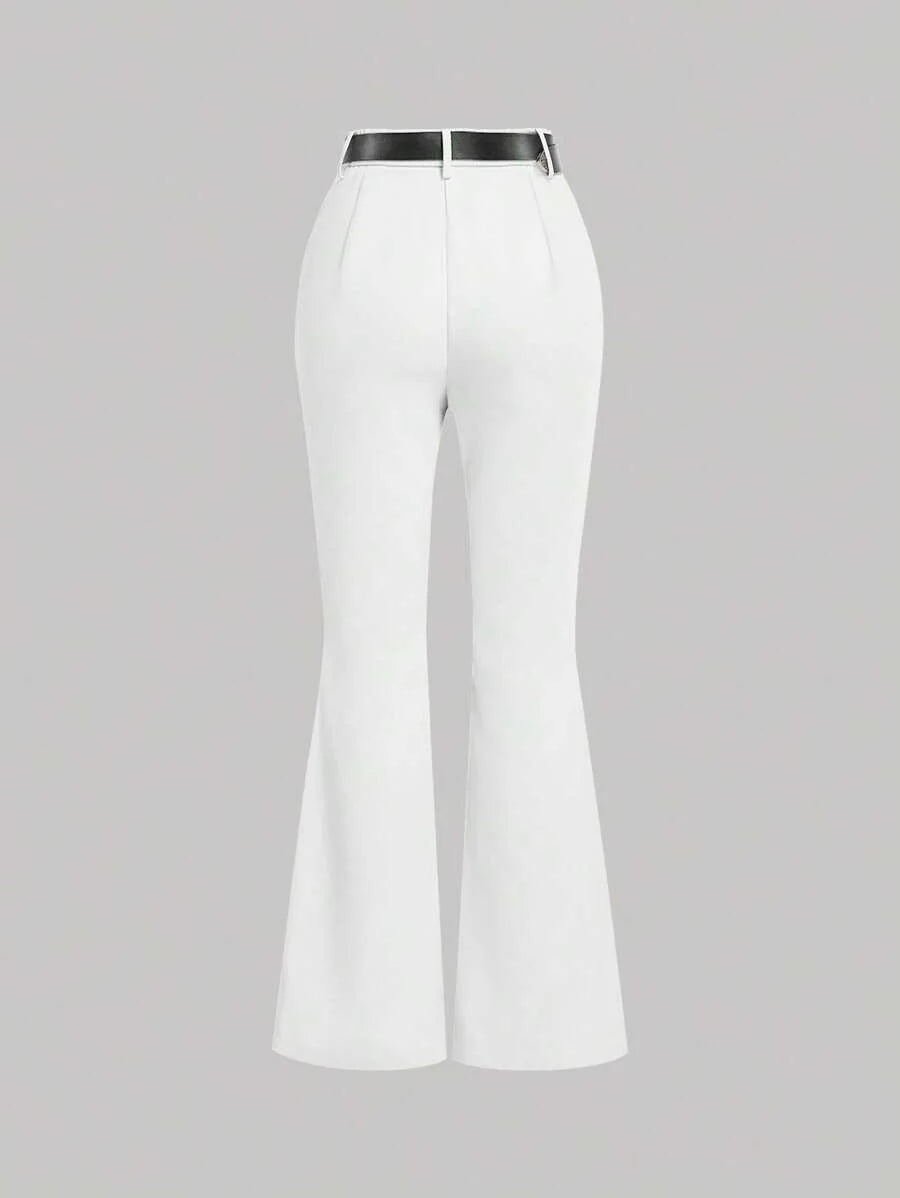 White Color Vintage Style Womens Flared Western Trousers With Leather Belt Boho Flare Leggings