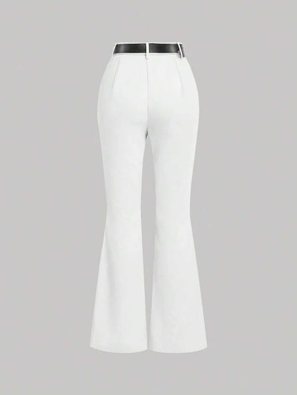 White Color Vintage Style Womens Flared Western Trousers With Leather Belt Boho Flare Leggings
