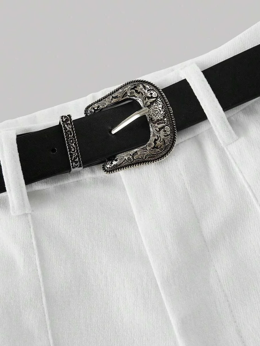 White Color Vintage Style Womens Flared Western Trousers With Leather Belt Boho Flare Leggings