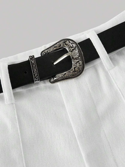 White Color Vintage Style Womens Flared Western Trousers With Leather Belt Boho Flare Leggings