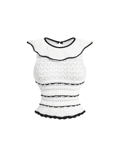 White Contrast Trim Floral Lace Wave Texture Knitted VestBack To School ClothesOld Money