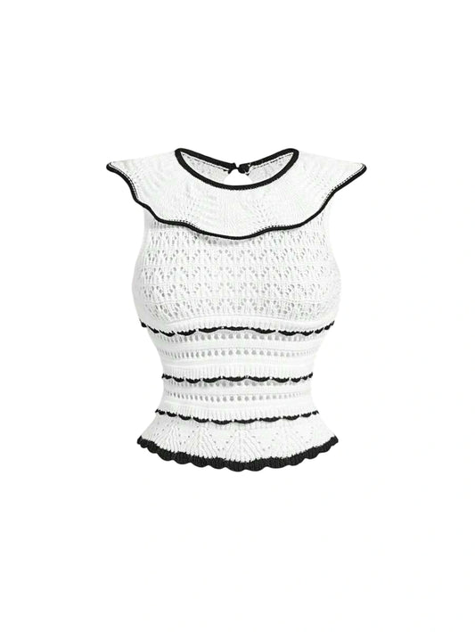 White Contrast Trim Floral Lace Wave Texture Knitted VestBack To School ClothesOld Money