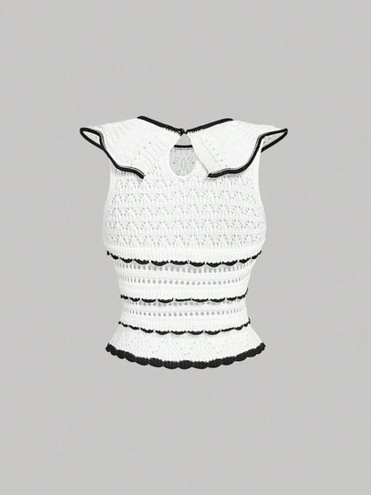 White Contrast Trim Floral Lace Wave Texture Knitted VestBack To School ClothesOld Money