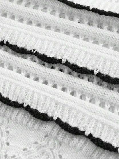 White Contrast Trim Floral Lace Wave Texture Knitted VestBack To School ClothesOld Money