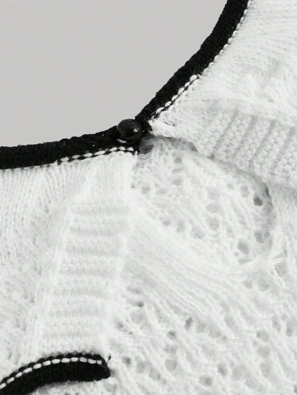 White Contrast Trim Floral Lace Wave Texture Knitted VestBack To School ClothesOld Money