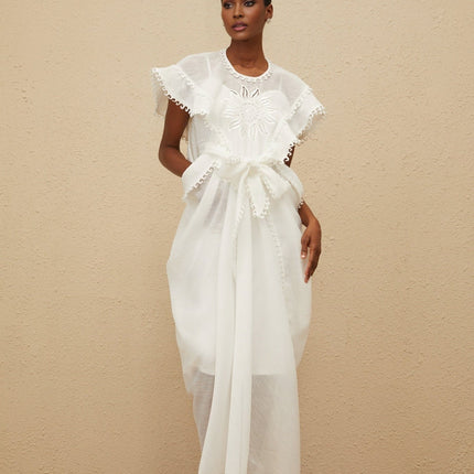 White cotton maxi dress with floral embroidery and cap sleeves