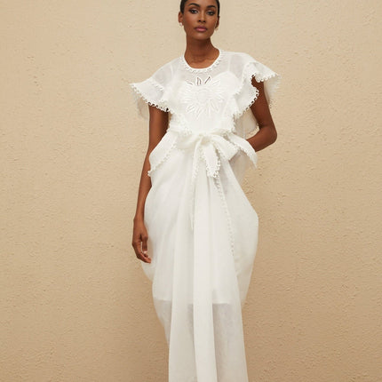 White Cotton Maxi Dress with Floral Embroidery and Cut-Out Detailing