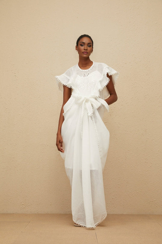 White Cotton Maxi Dress with Floral Embroidery and Cut-Out Detailing