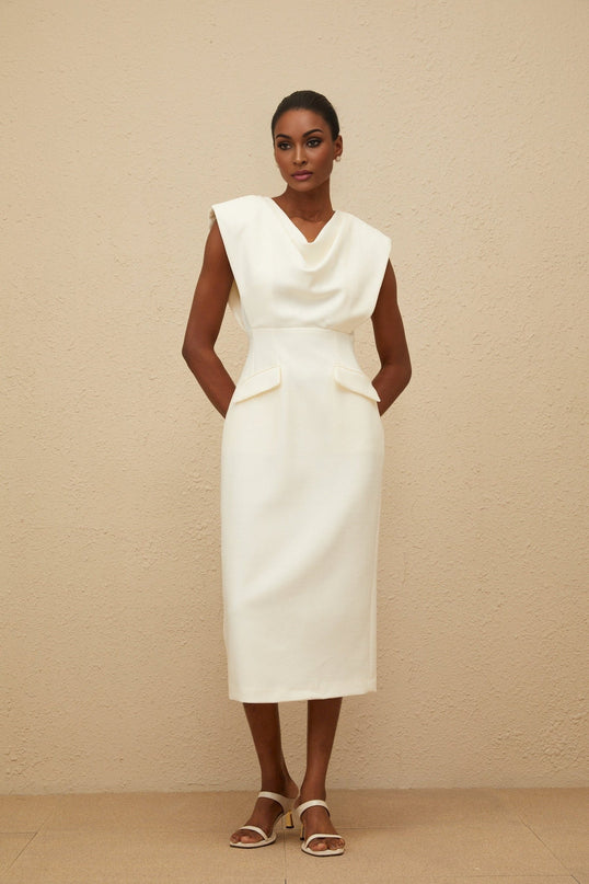 White cowl neck cap sleeve pencil dress with faux pocket detailing and rear slit