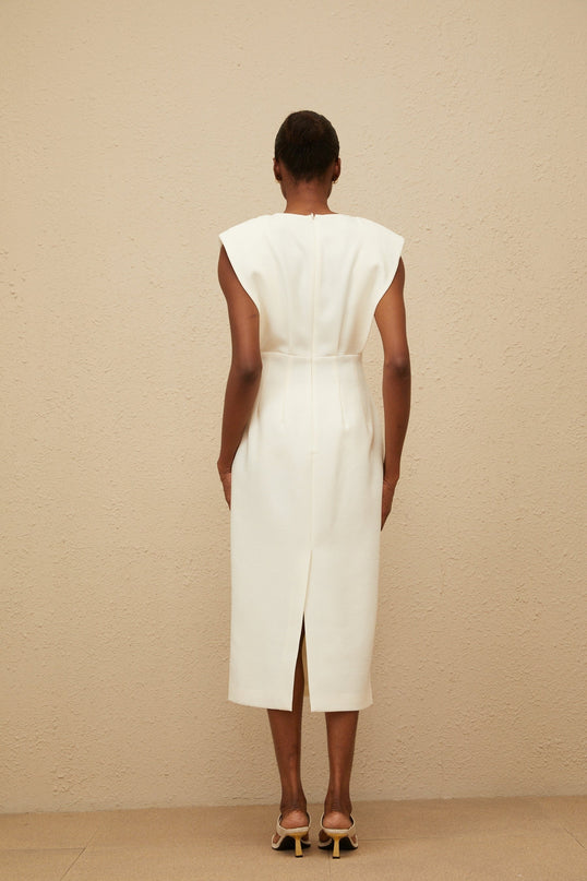 White Cowl Neck Cap Sleeve Pencil Silhouette Midi Dress with Faux Pocket Detailing and Rear Slit