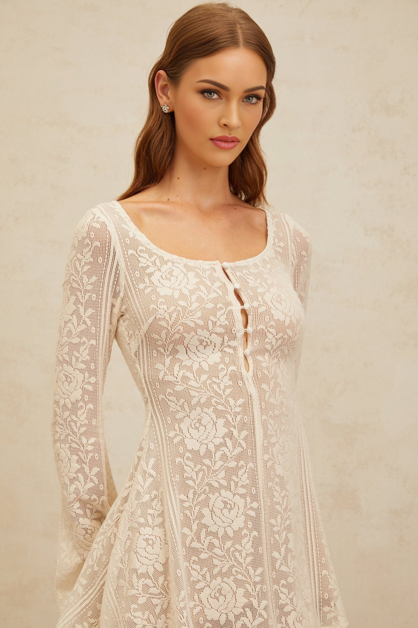 White Crochet Knit Floral Jacquard Mini Dress with Long Sleeves
