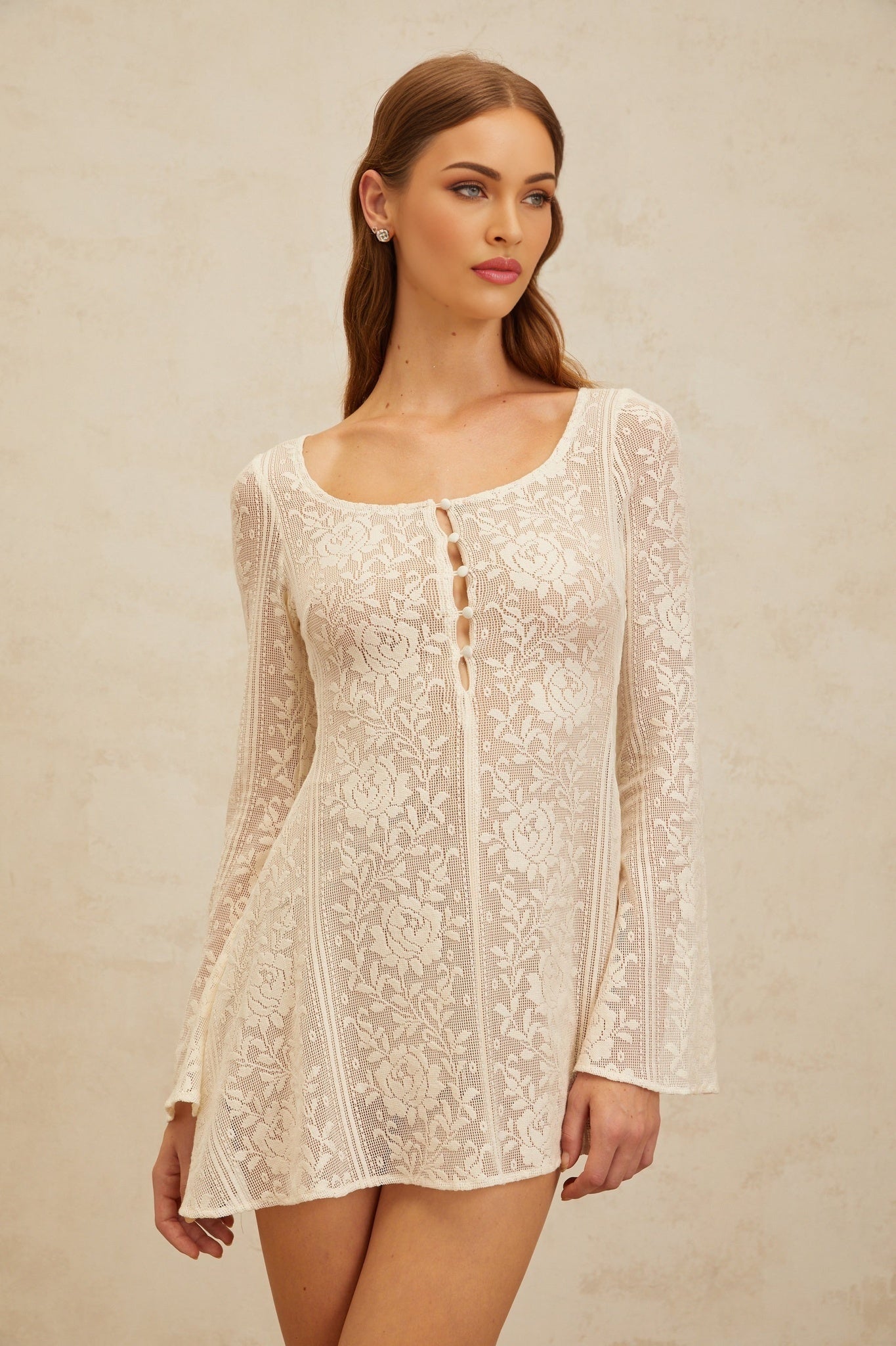 White Crochet Knit Floral Jacquard Mini Dress with Long Sleeves