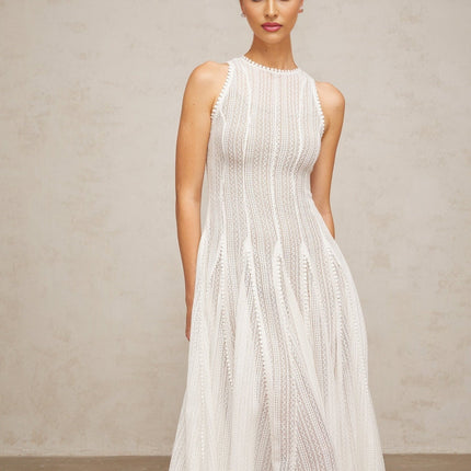 White crochet knit puff skirt midi dress