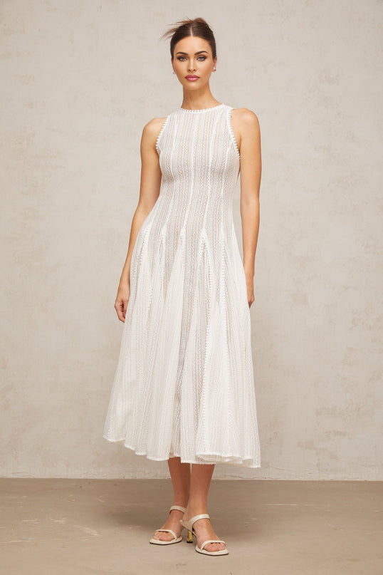 White crochet knit puff skirt midi dress