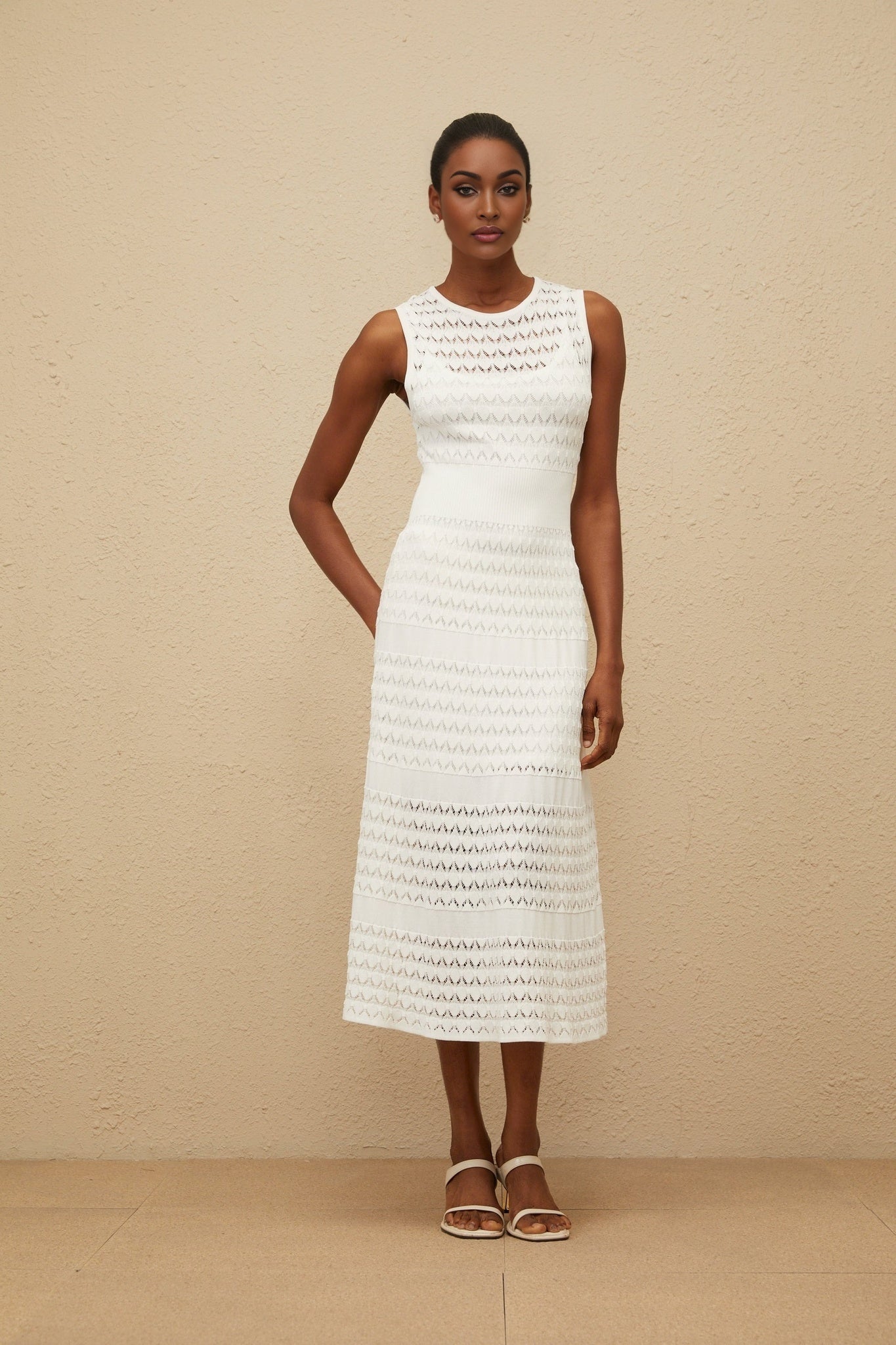 White Crochet Knit Sleeveless Dress with Fitted Waistline and Flared Hem