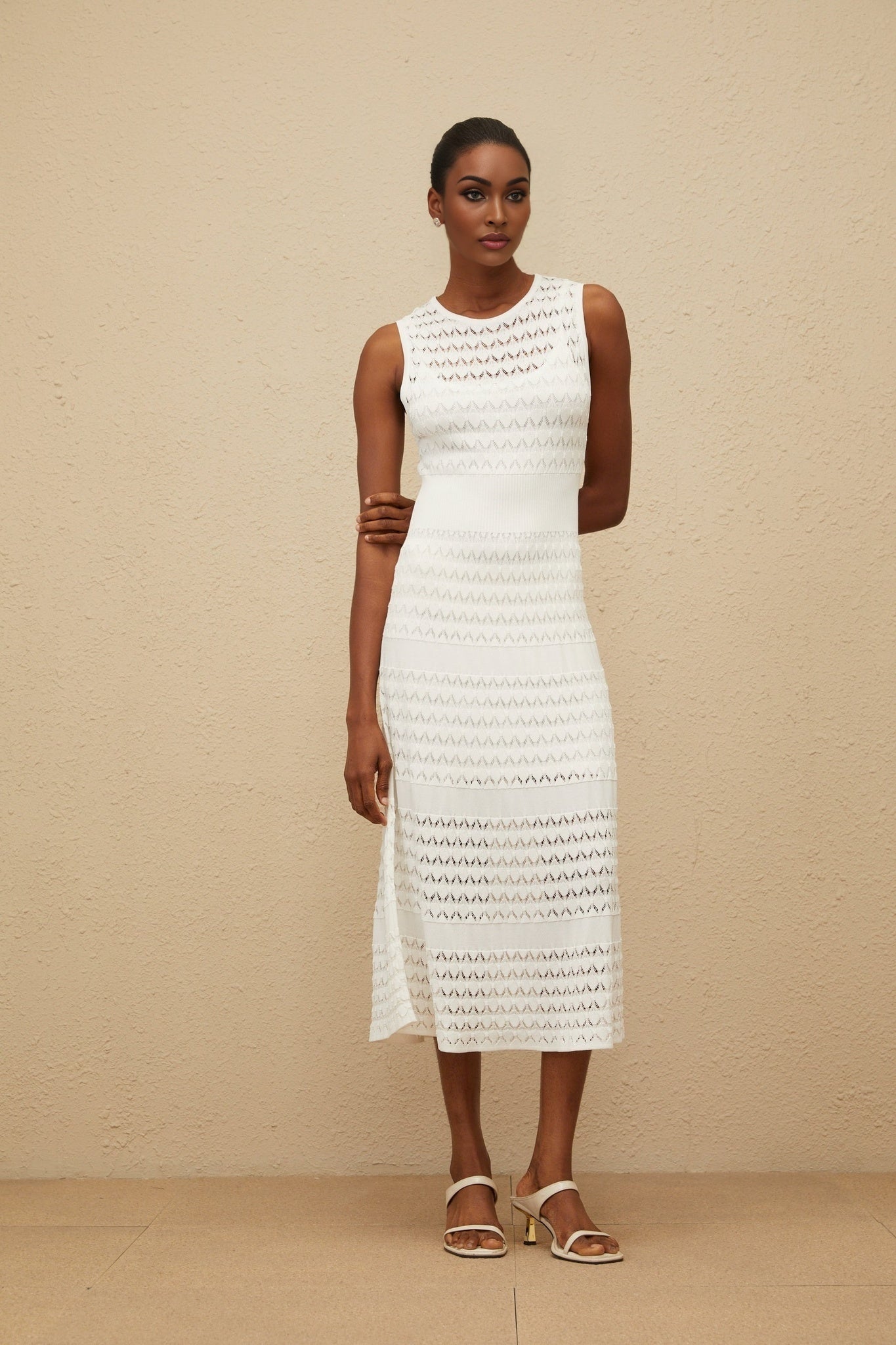 White Crochet Knit Sleeveless Flared Hem Dress