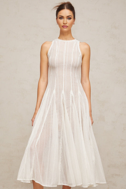 White Crochet Knit Sleeveless Midi Dress