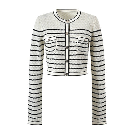 White Cropped Cardigan and Midi Skirt with Cream and Black Stripes