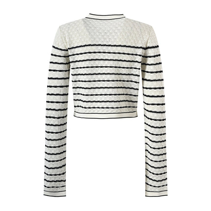 White Cropped Cardigan and Midi Skirt with Cream and Black Stripes