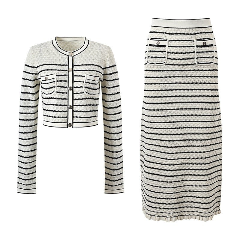White Cropped Cardigan and Midi Skirt Set in Cream and Black Stripes