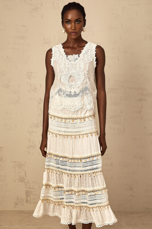 White cropped tank top with floral embroidery details named Theoline