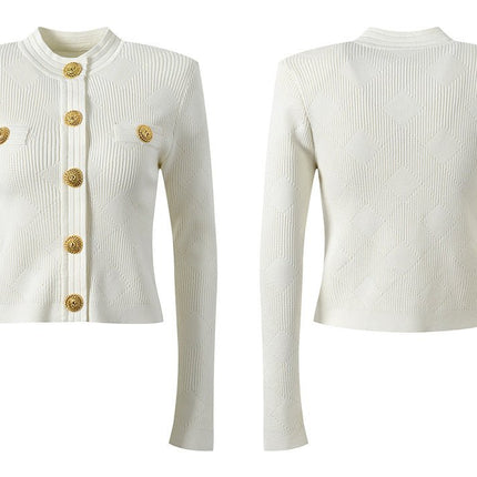 White Cropped Textured Knit Cardigan with Gold Buttons