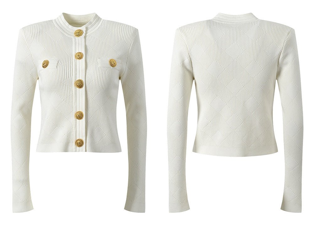 White Cropped Textured Knit Cardigan with Gold Buttons