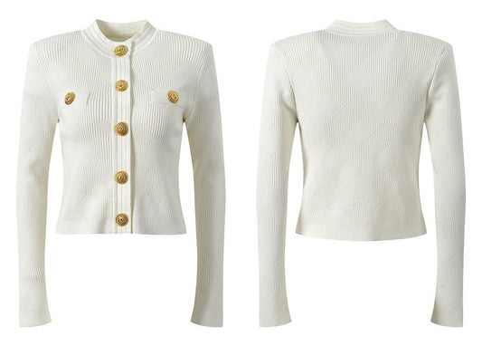 White Cropped Textured Knit Cardigan with Gold Buttons
