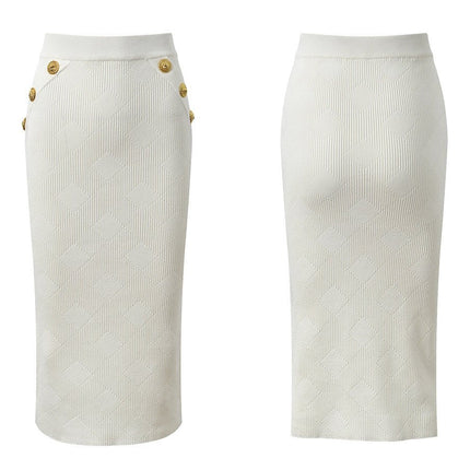 White Cropped Textured Knit Cardigan with Gold Buttons
