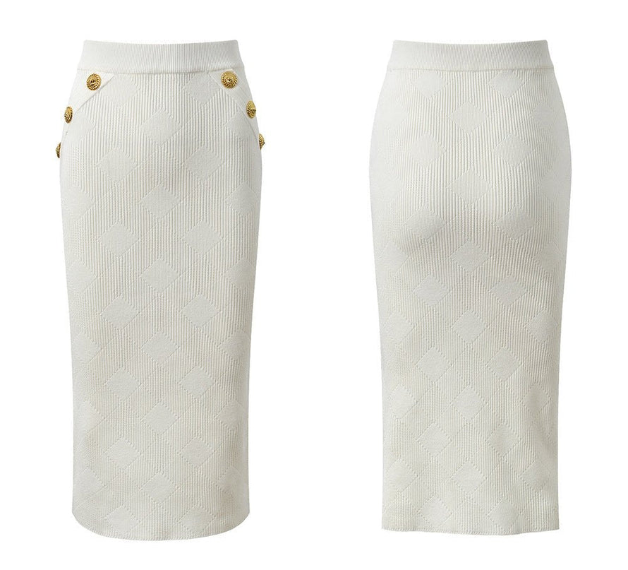 White Cropped Textured Knit Cardigan with Gold Buttons