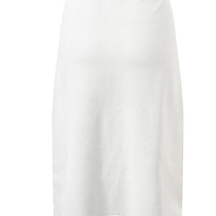 White cropped top and high-waisted skirt with contrast trim and pockets