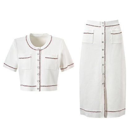 White cropped top and high-waisted skirt with pocket details and contrast trim
