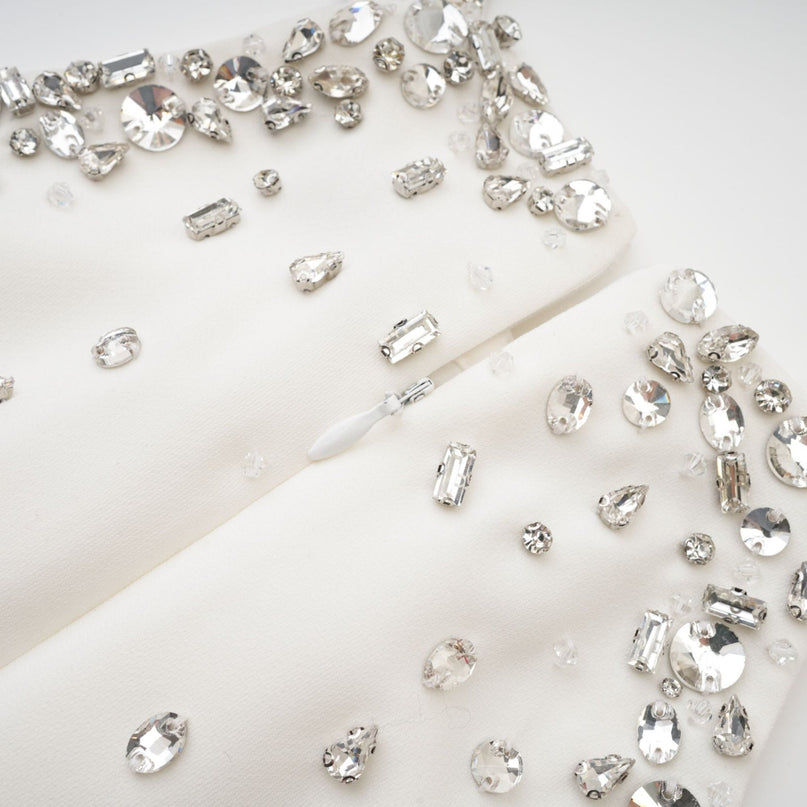 White decorated mini dress Xanthea with ornate details and short length